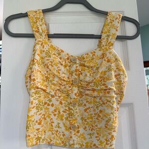 Yellow Floral Button-Front Crop Tank Top